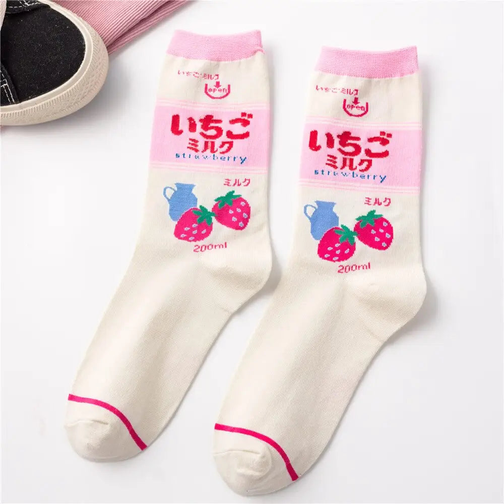 Funny Cartoon Cotton Socks - Pink-Strawberry / One Size