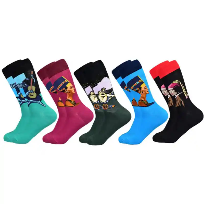 Funny Cotton Oil Painting Mid Tube Socks Euro Size 5 Pairs