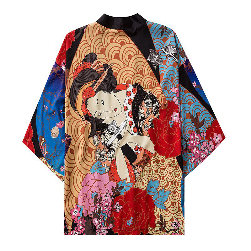 Geisha and Flower 3/4 Sleeve Kimono - Multicolor / M -