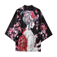 Geisha & Cherry Blossom 3/4 Sleeve Kimono - Black / M