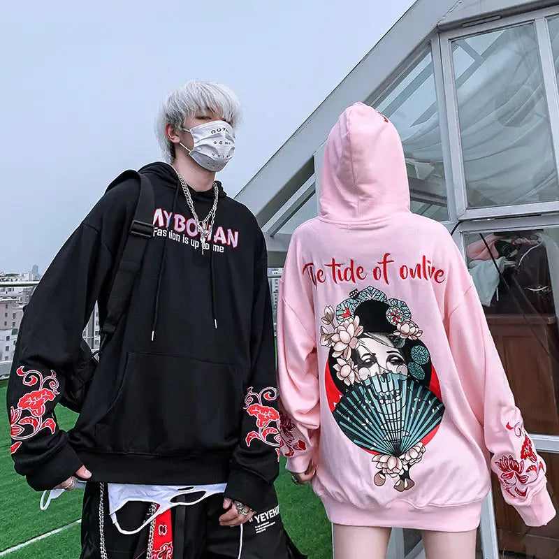 Geisha Loose Embroidered Hoodie Mybohan Harajuku Style