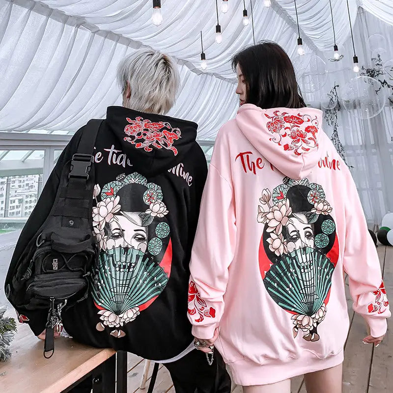 Geisha Loose Embroidered Hoodie Mybohan Harajuku Style