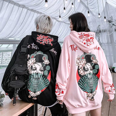 Geisha Loose Embroidered Hoodie Mybohan Harajuku Style