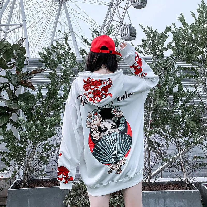 Geisha Loose Embroidered Hoodie Mybohan Harajuku Style