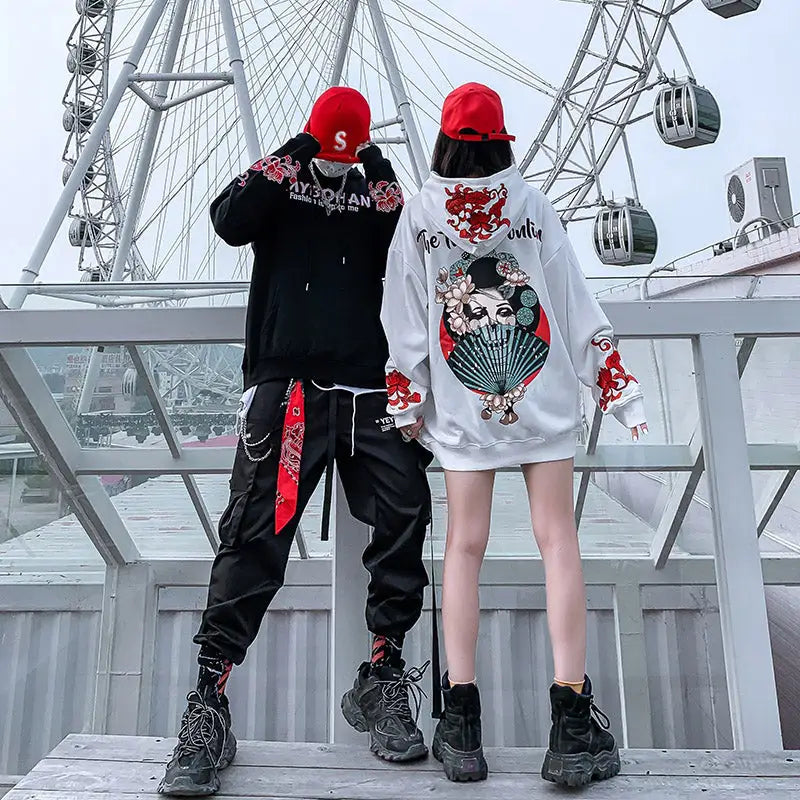 Geisha Loose Embroidered Hoodie Mybohan Harajuku Style