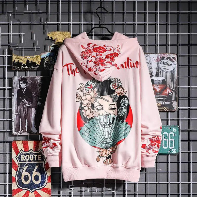 Geisha Loose Embroidered Hoodie Mybohan Harajuku Style Pink