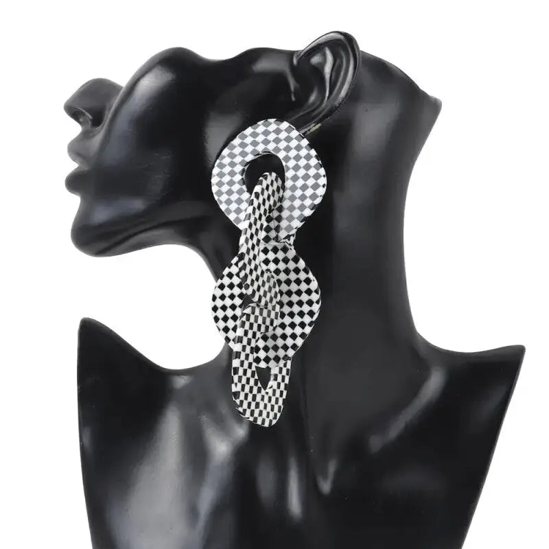 Geometric Black White Grid Acrylic Drop Earrings