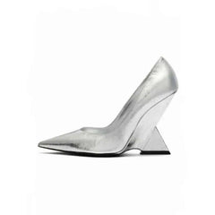 Geometric High Heel Shoes Pointed Thick Sole - Silvery / 34