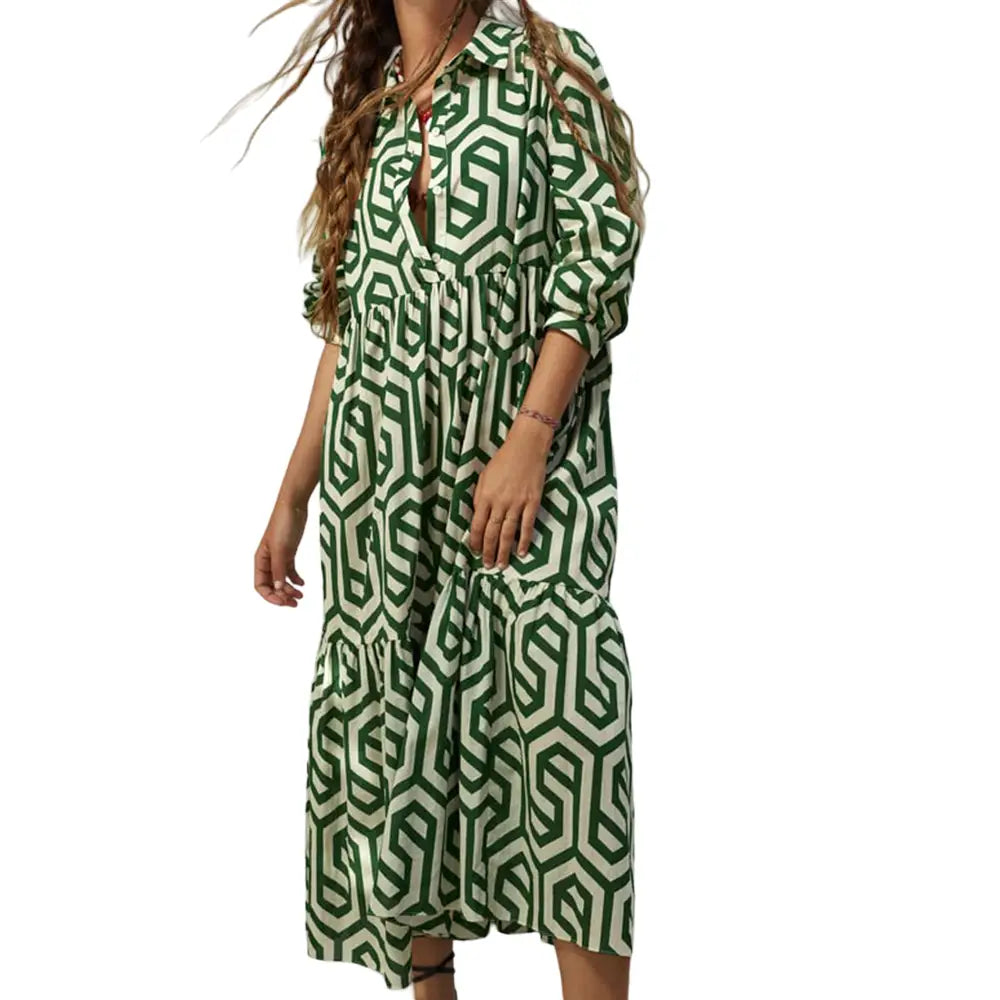 Geometric Print Boho Long Loose Dress - Green / XS
