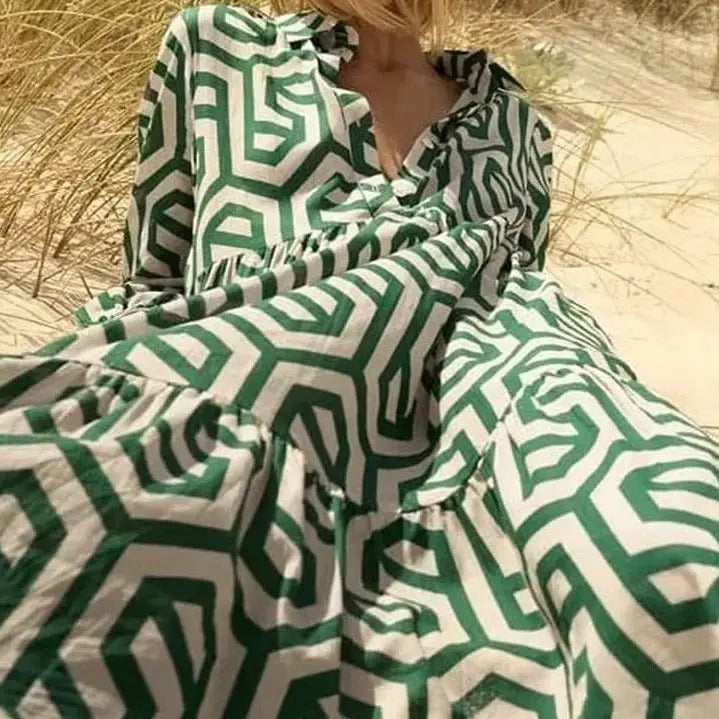 Geometric Print Boho Long Loose Dress with Three Quarter