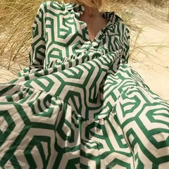 Geometric Print Boho Long Loose Dress with Three Quarter