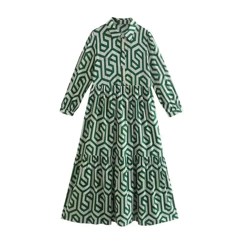 Geometric Print Boho Long Loose Dress with Three Quarter