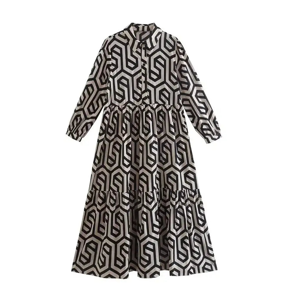 Geometric Print Boho Long Loose Dress with Three Quarter