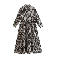 Geometric Print Boho Long Loose Dress with Three Quarter