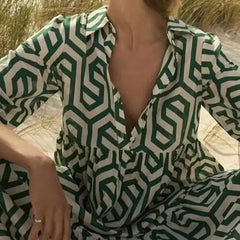 Geometric Print Boho Long Loose Dress with Three Quarter