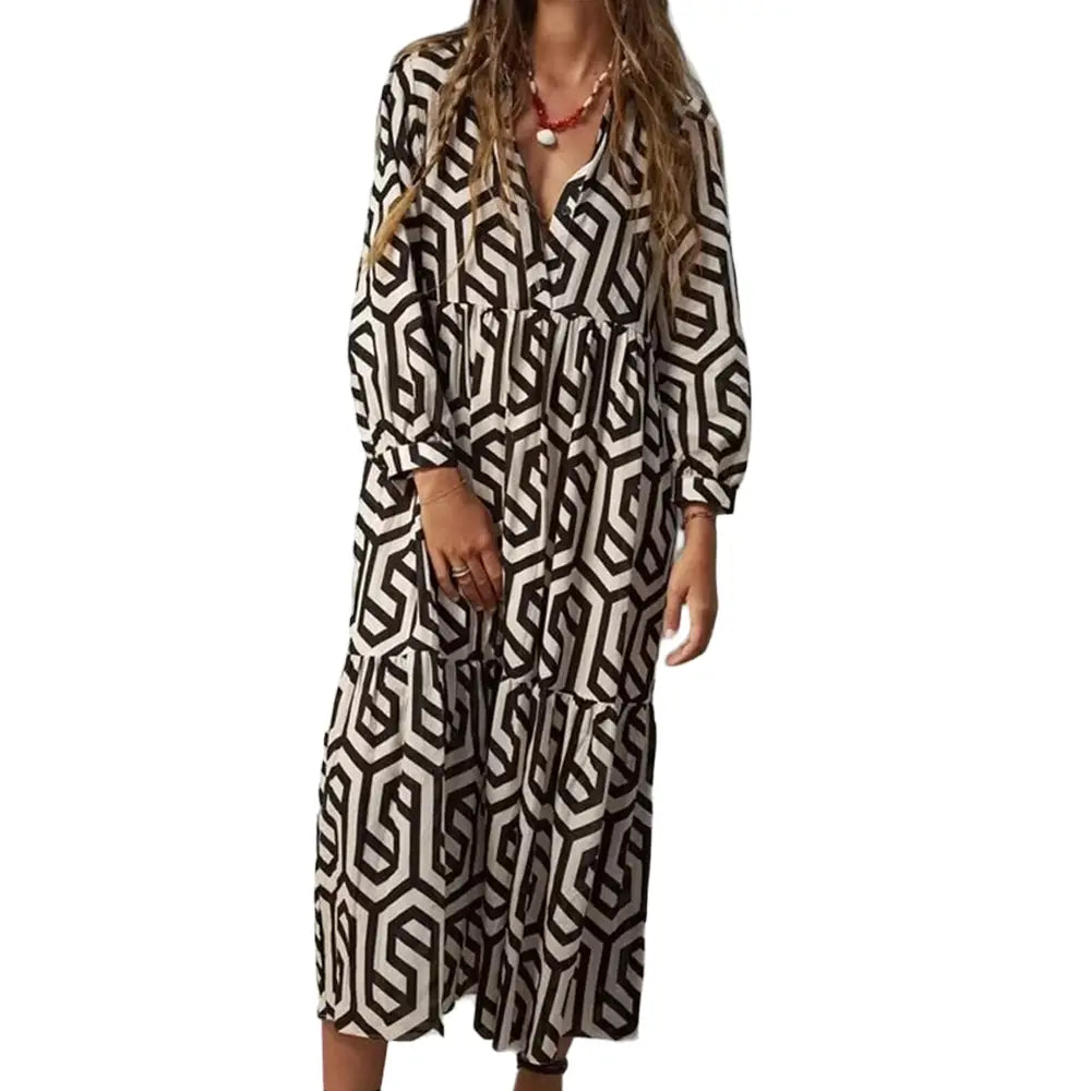 Geometric Print Boho Long Loose Dress with Three Quarter