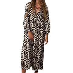 Geometric Print Boho Long Loose Dress with Three Quarter