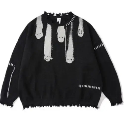 Ghost Gothic Knitted Sweater Wool O Neck Long Sleeve Black