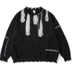 Ghost Gothic Knitted Sweater Wool O Neck Long Sleeve Black