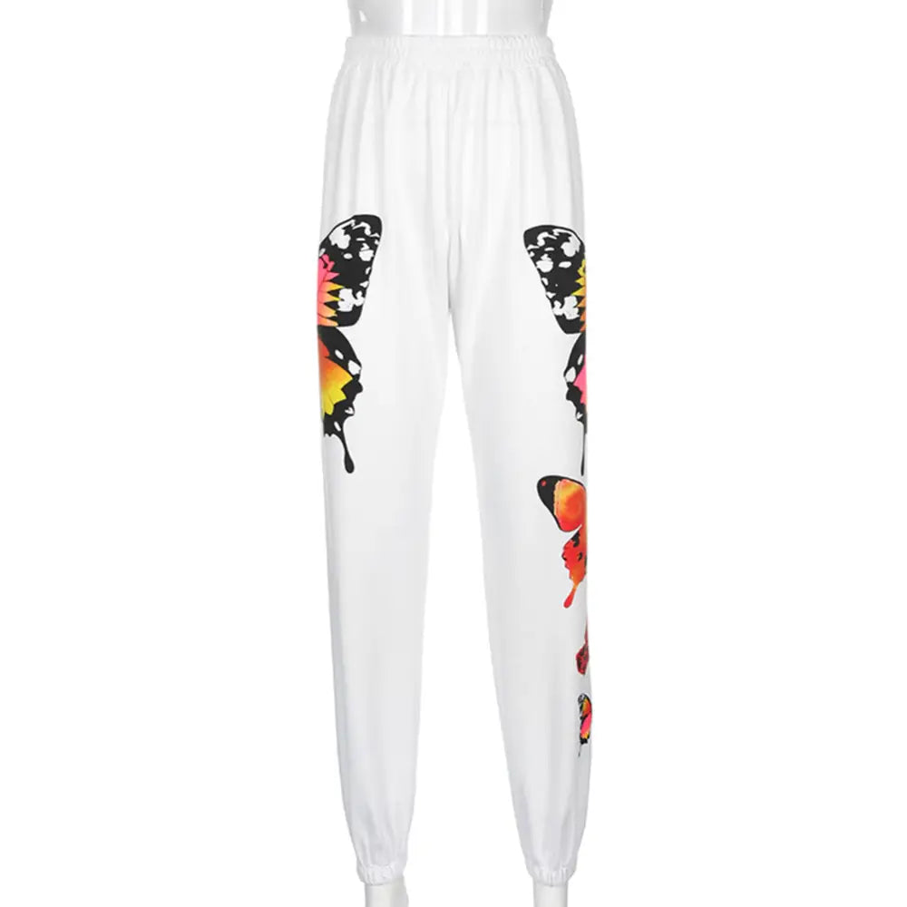 Giant Butterfly High Waist Jogger Pants - White / S