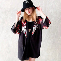 Girl Samurai and Demon Kanji 3/4 Sleeve Kimono