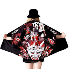 Girl Samurai and Demon Kanji 3/4 Sleeve Kimono - KIMONO