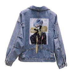 Girl Sequined Denim Jacket with Bow and Ripped Detail Blue