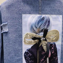 Girl Sequined Denim Jacket with Bow and Ripped Detail