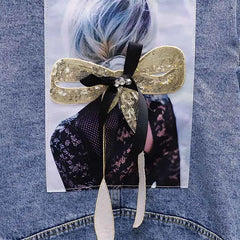 Girl Sequined Denim Jacket with Bow and Ripped Detail