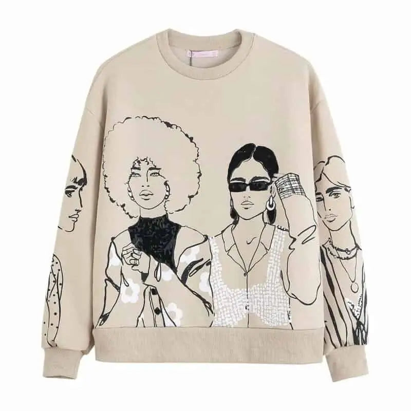 Girls Cartoon Crewneck Sweatshirt with Colorful Print Beige