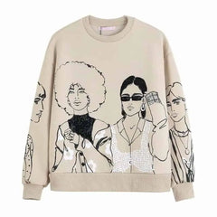 Girls Cartoon Crewneck Sweatshirt with Colorful Print Beige