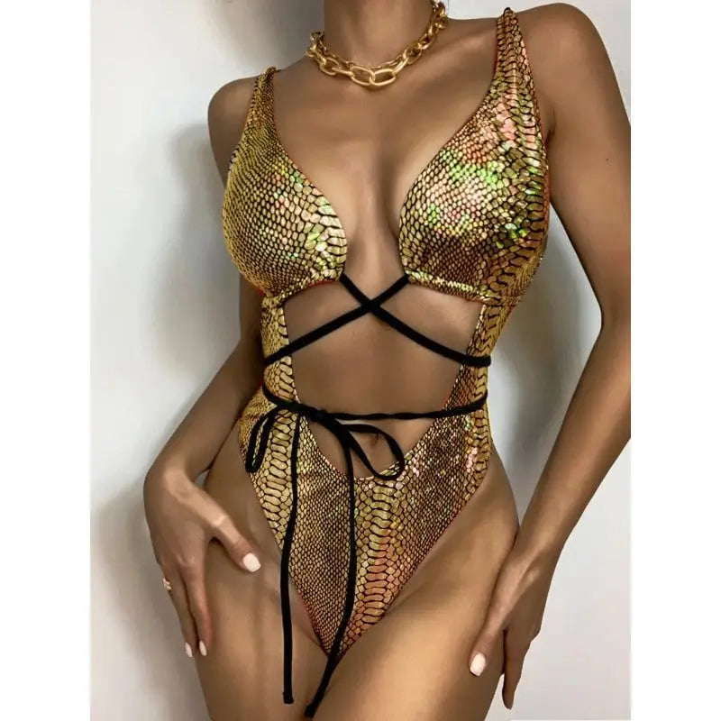 Glitter Backless One Piece Lace Up Swimsuit - Gold / S