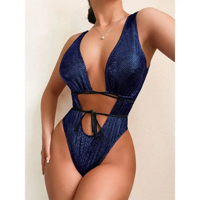 Glitter Backless One Piece Lace Up Swimsuit - Navy / S