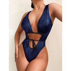 Glitter Backless One Piece Lace Up Swimsuit - Navy / S