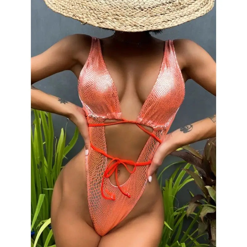 Glitter Backless One Piece Lace Up Swimsuit - Orange / S
