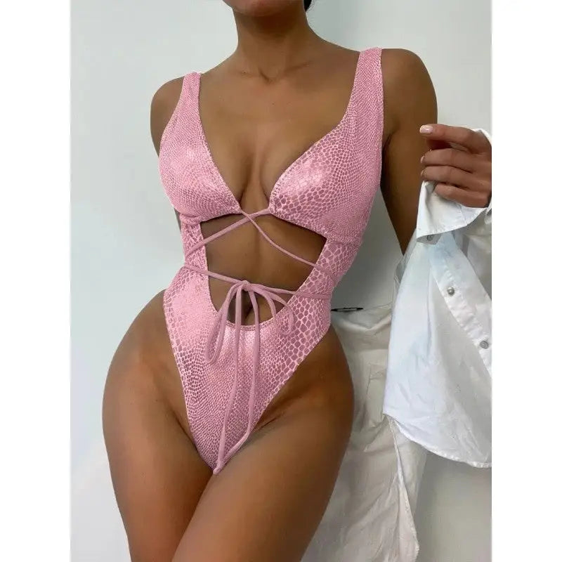 Glitter Backless One Piece Lace Up Swimsuit - Pink / S