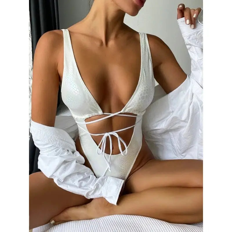 Glitter Backless One Piece Lace Up Swimsuit - White / S
