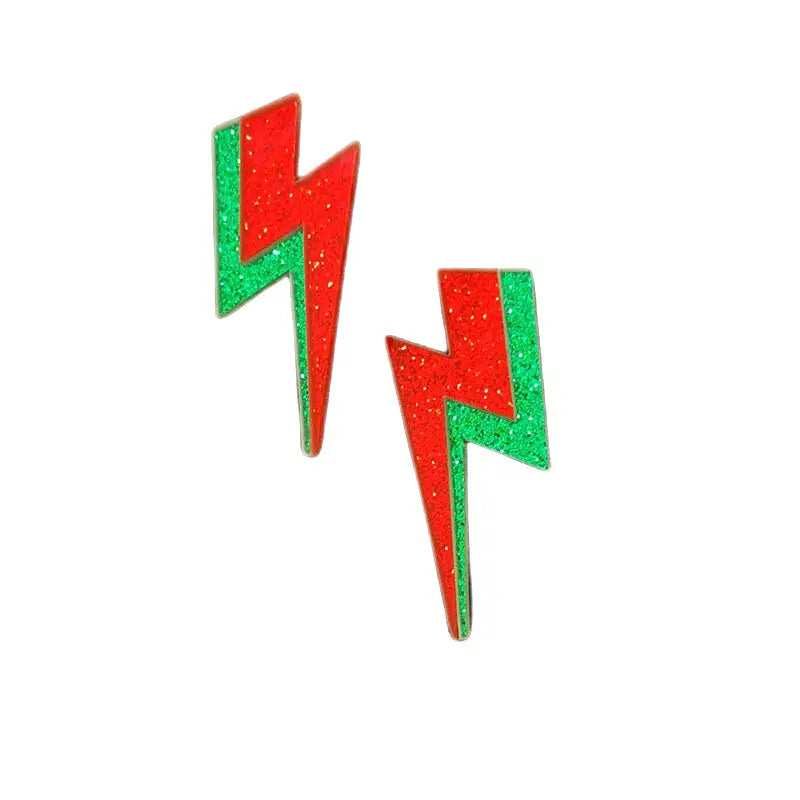 Glitter Lightning Acrylic Stud Earrings Red Green