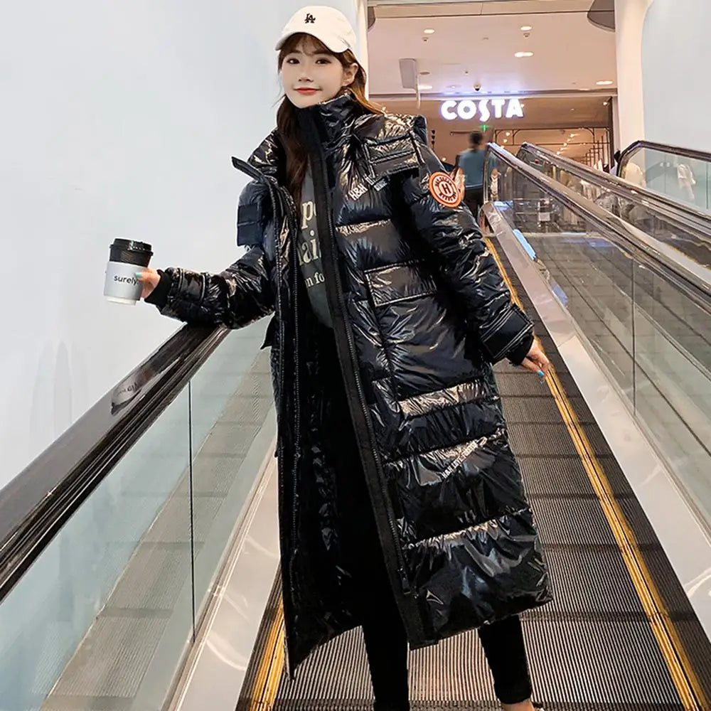 Glossy Solid Color Hooded Oversize Winter Coat Black / S