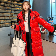 Glossy Solid Color Hooded Oversize Winter Coat Red / S
