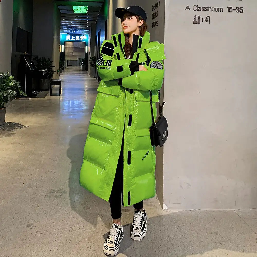 Glossy Solid Color Hooded Oversize Winter Coat X-Long