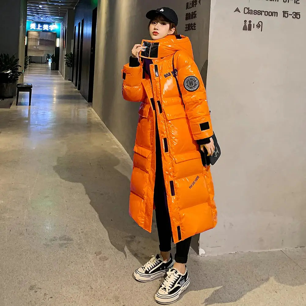 Glossy Solid Color Hooded Oversize Winter Coat X-Long