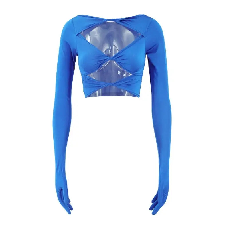 Glove Long Sleeve Hollow Out Crop Top - Blue / S