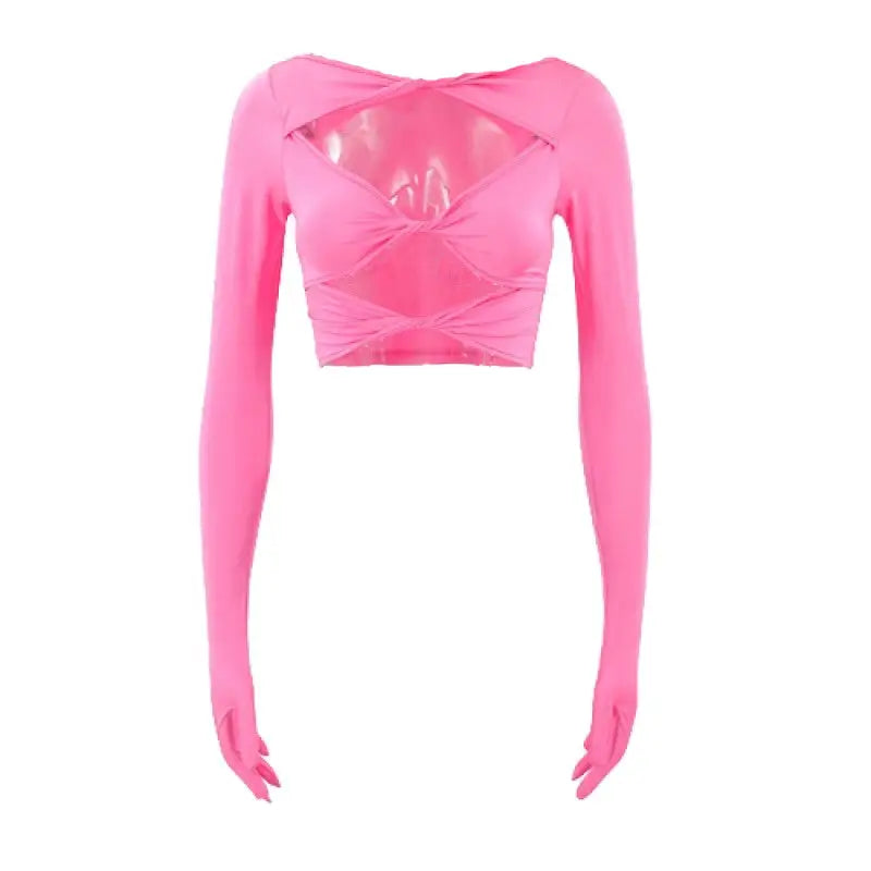 Glove Long Sleeve Hollow Out Crop Top - Pink / S