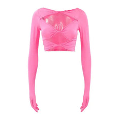 Glove Long Sleeve Hollow Out Crop Top - Pink / S