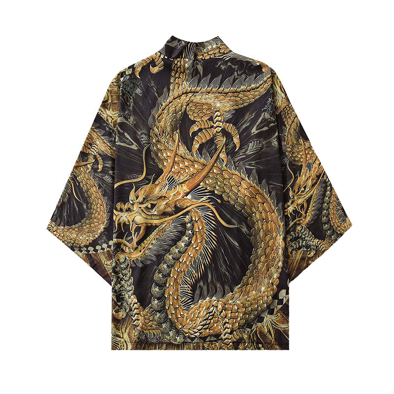 Gold Dragon 3/4 Sleeve Kimono - Black / M - KIMONO