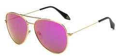 Gold frame aviator sunglasses with mirrored lens detail showcasing classic pilot design material quality
