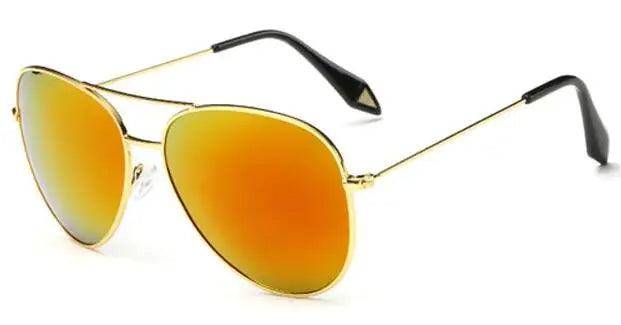 Gold frame aviator sunglasses with mirrored lens detail showcasing reflective coating and classic pilot design