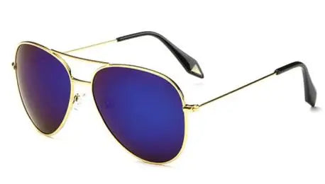 Gold frame aviator sunglasses with mirrored lens detail showing reflective coating and classic pilot design