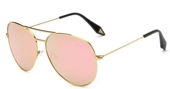 Gold frame aviator sunglasses with mirrored lens detail showing reflective coating and metal construction close up
